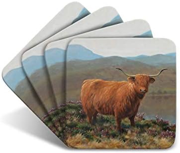 Highland Cattle Drinks Coasters by Wildlife Artist Julian Friers - Set of 4 Highland Cattle Coasters - Non-Slip, Cork Table Coasters