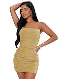 Floerns Women's Glitter Sleeveless Ruched Party Clubwear Bodycon Mini Dress Yellow Solid S