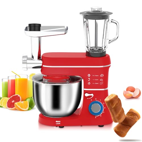 Amasadora eléctrica de 10 l con más de 6 velocidades, gancho para masa, batidor, picadora de carne, licuadora y protector contra salpicaduras para una cocina casera eficiente.