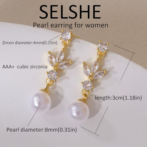 SELSHE Dangle Earrings for Women, 14k Gold Plated Pearl Drop Earring Dainty Gold Earrings for Women Trendy Cute Prom Bridal Earring Long Wedding Pearl Earring Formal Jewelry4