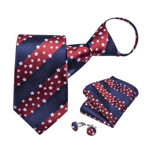 Image of DiBanGu Silk Zipper Ties for Men,Paisley Solid Plaid Pre-tied Tie and Pocket Square Cufflinks Set Formal Adjustable Necktie