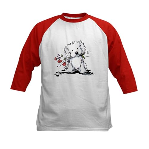 CafePress KiniArt Maltese Garden Helper Baseball Jersey Kids Cotton Baseball Jersey, 3/4 Raglan Sleeve Shirt Red/White