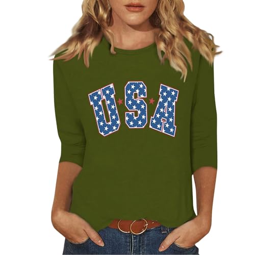 Women's Round Neck 3/4 Sleeve Tops Casual Patriotic Flag Printed Shirts 250th Anniversary USA Blouse
