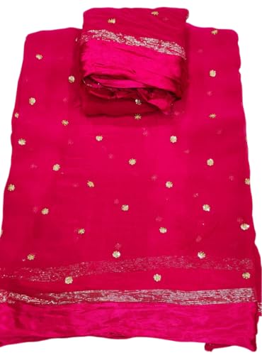 Image of Pure Georgette Sequence Work Saree with Contrast Blouse, Satan Patta Fabric