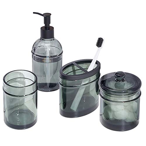 4Pcs Heavy Weight Gray Glass Bathroom Accessories Set With Decorative Pressed Pattern - Includes Hand Soap Dispenser & Tumbler & Soap Dish & Toothbrush Holder (Gray) #TOP7