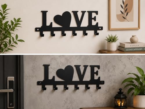 Image of Ventuos Metal Wall Mounted Key Holder with 6 Hooks, Love Design, Key Organizer for Home Office Bedroom Entryway