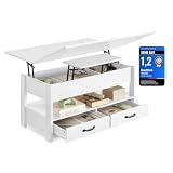 VASAGLE Couchtisch, höhenverstellbarer Wohnzimmertisch, Gaszylinder, 2 Schubladen und 3 Fächer unter der Tischplatte, Kaffeetisch, 1 offenes Fach, für Wohnzimmer, Homeoffice, schneeweiß LCT254W02