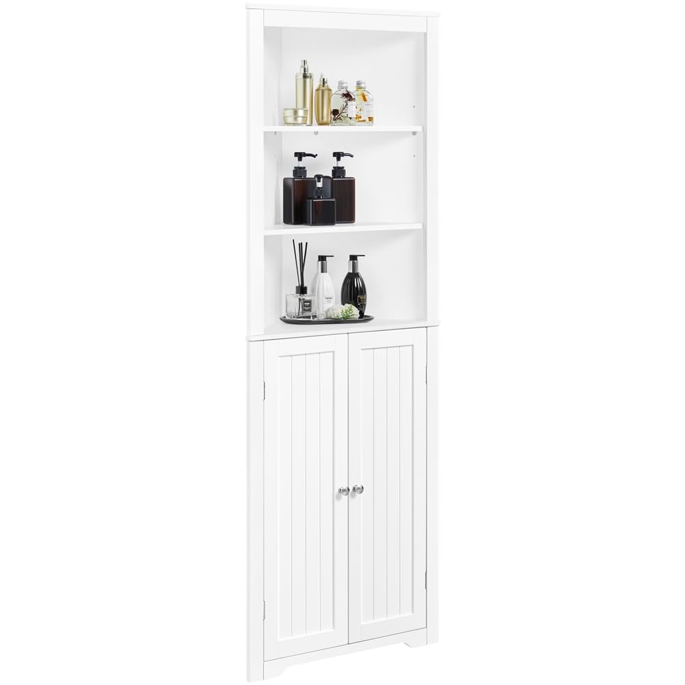 Yaheetech Mueble de Baño de Esquina Gabinete Triángulo 163x60x43cm Blanco | con 3 Estantes de Madera Abiertos y 1 Armario de 3 Alturas Ajustables con Protección Antivuelco
