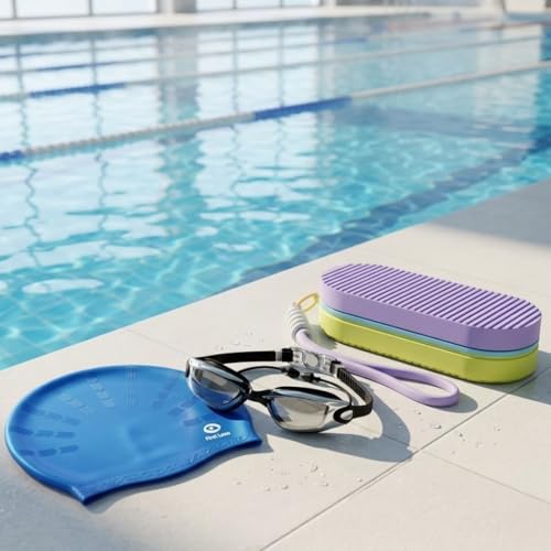 Image of First Lens Swimming Combo For Men & Women UV protection Goggle, Silicone Cap & Soft Protective Case - Silver Goggle+silicone cap+cover yellow-purple