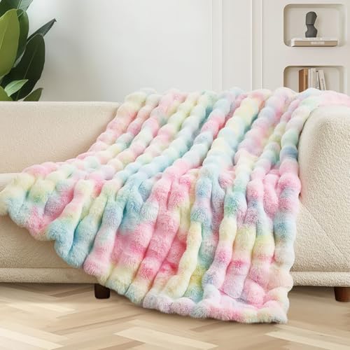 Miyacare Kuscheldecke 160x200 cm, Kaninchen Plüsch Decke, Super Soft Wohndecke Dick 1000GSM Couchdecke Warme Überwurfdecke Sofadecke für Sofa Schlafzimmer Büro (Buntes Tie-Dye​, W160 x L200CM)