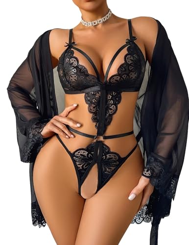 Avidlove Lingerie for Women Lace Teddy Bodysuit with Black Robe Sexy 2 Piece Lingerie Set (Black, Small)