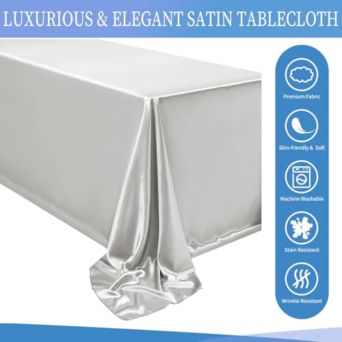FXKS 8 Pack Satin Tablecloth 90 x 156 Inch Silver Rectangle Silky Satin Table Cover,Bright Silk Smooth Table Cloth,Overlay Silky Table Cover for Wedding Party Banquet Event Dining Decoration by FXKS - Used condition - Image 5