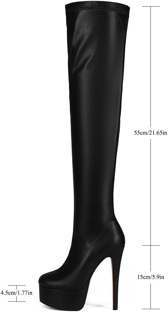 Fashion Women's Over Knee High Stiletto Platform Heel Boots Night Sexy Black Leather Thigh High Boots - Image 6