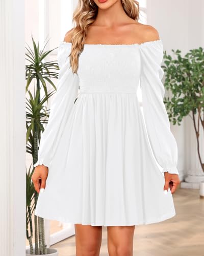 Image of Holipick Women's Casual Square Neck Smocked Dress Shirred Ruffle Puff Sleeve High Waist Cute Flowy A-Line Short Dress