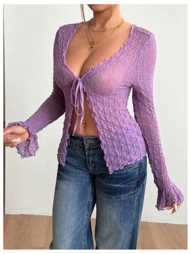 Image of Milumia Women's Y2K Textured Mesh Cardigan Shrug Tie Front Tops | Lettuce Trim , Long Sleeve, Open Front, Sheer, Flared, Club Party, Going Out, Rave, Cover Ups