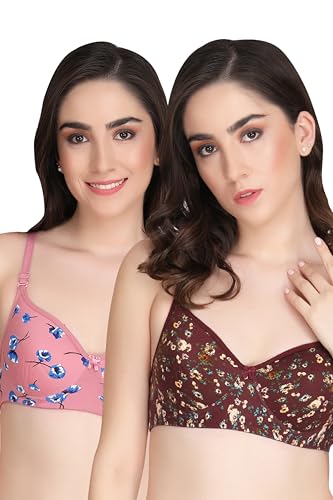 Image of Flower Print Bra for Women - Made of Pure Cotton Full Coverage Non Wired Pushup Soft Cup for T-Shirt Saree Dress Sports Garment for Daily Use Everyday