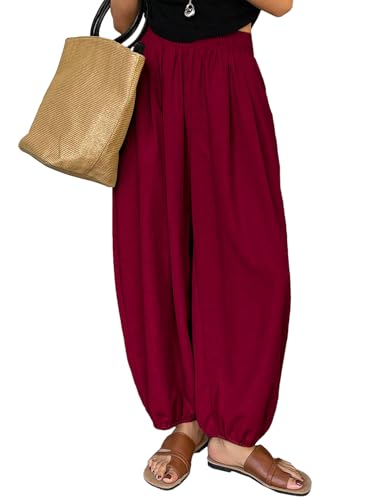 Astylish Women's Casual Elastic Waisted Boho Harem Pants Burgundy XX-Large