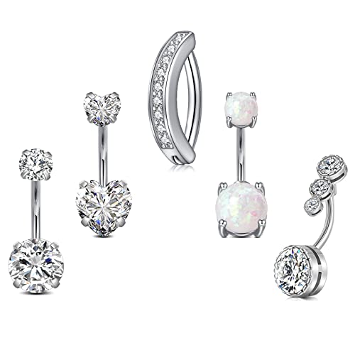 JFORYOU Belly Button Rings Stainless Steel 14G CZ Opal Navel Rings Barbells Women Girls Belly Piercing Jewelry