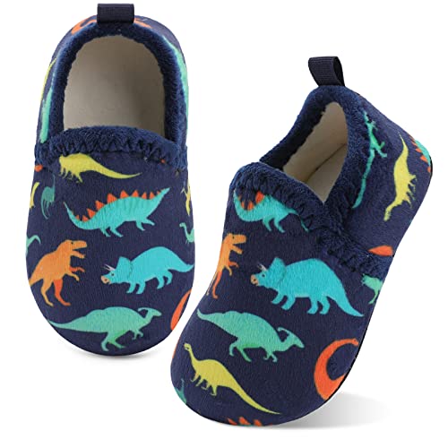 Xihalook Toddler Boys Girls Soft Fleece Slippers Slip On Socks First Walkers Winter Ankle Crib Shoes Navy Dinosaur, 8.5-9 Toddler #TOP30