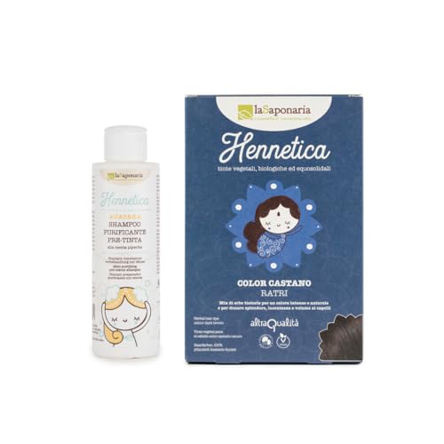 La Saponaria | Kit Colorazione Naturale Capelli Henna: Tinta Castano Scuro 100g + Shampoo Pre-Tinta Avatara 150ml | Colore Intenso, Duraturo e Capelli Più Voluminosi