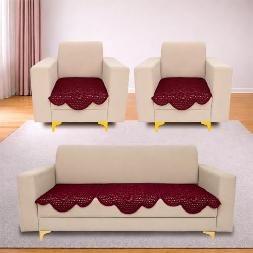 Image of Homerz Premium 'Surya Series' Sofa Cover | Stylish Sofa Protector | Net Fabric | Anti-Stain & Washable Slip Cover Exact Size Antislip (Flower Valley Maroon, 5 (3+1+1) Seater, Only Seat Cover)