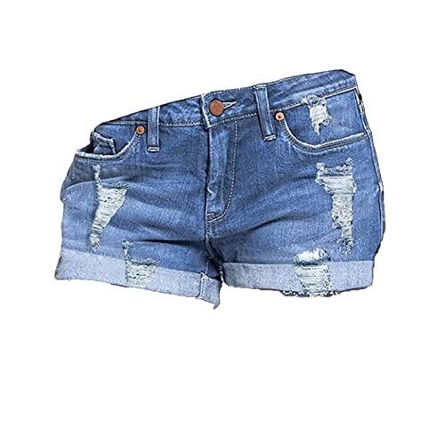 JEKE-DG Women's Ripped Denim Jean Shorts Rolled Hem Distressed Jeans High Waisted Stretchy Folded Hem Short Jeans (XX-Large,Light Blue)