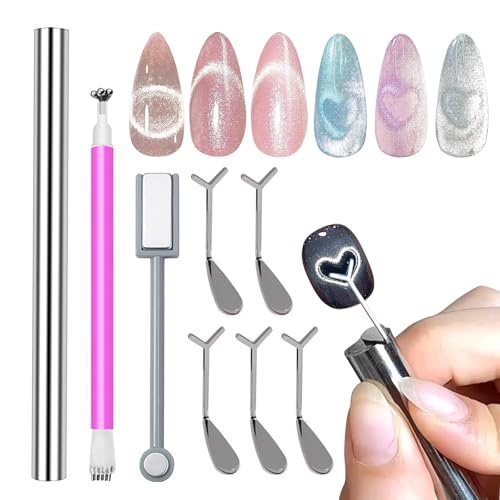 WOKOTO 3pcs Cat Eye Magnets For Nails With 5 Pcs y-Shape Template For Heart Cat Eye Nail Magnet Tools Set, Dual-End Large Cylinder Powerful Nail Magnet For Nail Art, Flower Heart Magnet For Nails
