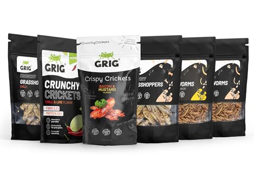 GRIG Essbare Insekten-Snacks für Menschen; Grillen, Heuschrecken, Mehlwürmchen; Protein knusprige Mischung, Verkostungsset, Party-Geschenksidee (6er-Pack Knusprige Grillen, Würmer und Heuschrecken)