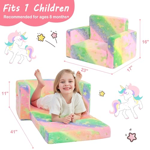 lasoftan Kids Sofa for Toddler, 2-in-1 Toddler Fold Out Couch Glow in The Dark, Convertible Sofa to Lounger Bed for Girls and Boys, with Removable Cover & Double Pockets - Glow Unicorn - Thumbnail 2