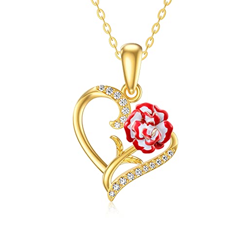 Mother's Day Gifts 14K Solid Gold Carnation Heart Pendant Necklace For Women,Yellow Gold Carnation Flower Necklaces Anniversary Birthday Gifts For Mom Grandma Wife,16''-18'' #TOP10