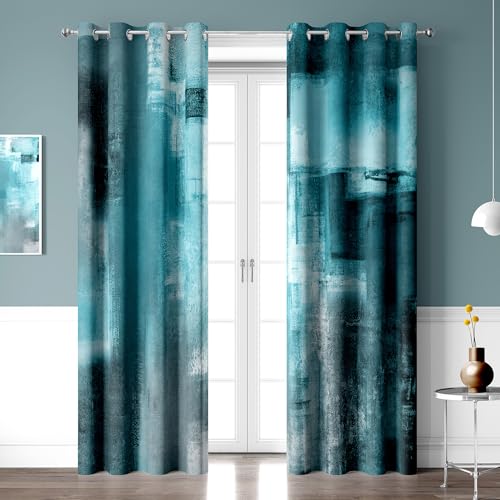 Emwnodti Teal Blackout Curtains, Abstract Turquoise Black Blue Modern Window
