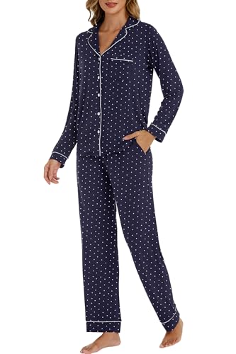 Image of LUBOT Womens Bamboo Viscose Pajamas Set 2 Piece PJs Set for Women Buttery Soft Button-Down Long Sleeve Cozy Printed Sleepwear Loungewear (Navy Blue Dot, S)