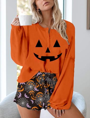 Image of Roshop Halloween Pajama Women's Pumpkin Matching Top & Shorts Loungewear Set
