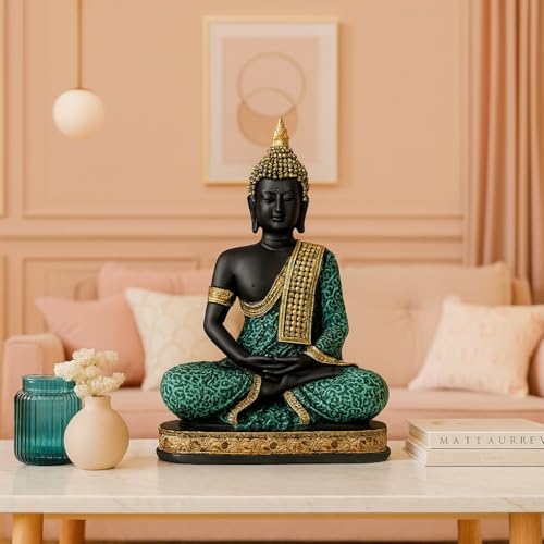 Image of Beautiful Resin Meditating Buddha Statue for Home Decor (Pack of 1, Green & Black)
