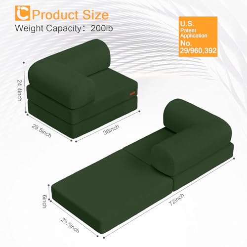 COMAX Folding Sofa Bed, Fold Out Chair Bed, Foldable Sofa, Convertible Sleeper for Adults, Futon Chair Single Small Floor Couch for Spaces, Bedroom Living Room Guest Room, Green
