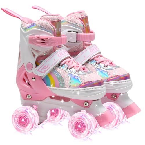 OLYSPM Patines 4 Ruedas niña Patines en Paralelo Ajustables,Patines 4 Ruedas con Lluminación LED para Niñas y Niños Principiantes(Rosa Claro,S)