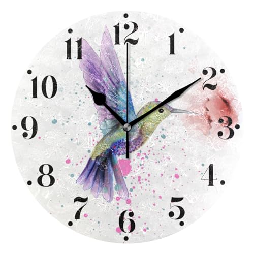 Image of Hupery Watercolor Hummingbird Wall Clock Silent Non Ticking Round Wall Hanging Clock Battery Operated Decorative Wall Clocks for Bedroom Living Room Kitchen Office