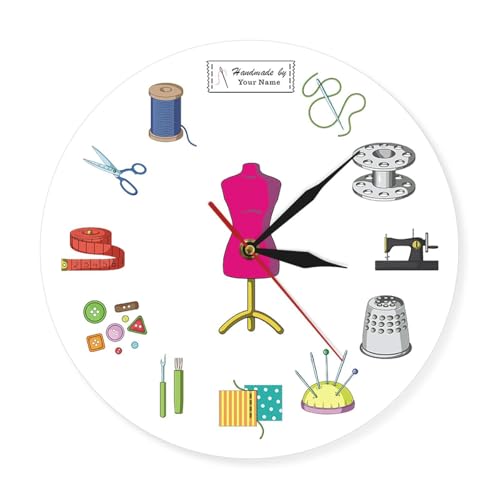 OTKU Reloj Pared Silencioso 30m Acolchado Tiempo de Costura Impresión Reloj de Pared Sastrería Decoración Relojes Modelo de Ropa y Diferentes Herramientas de Sastre Reloj de Pared Moderno
