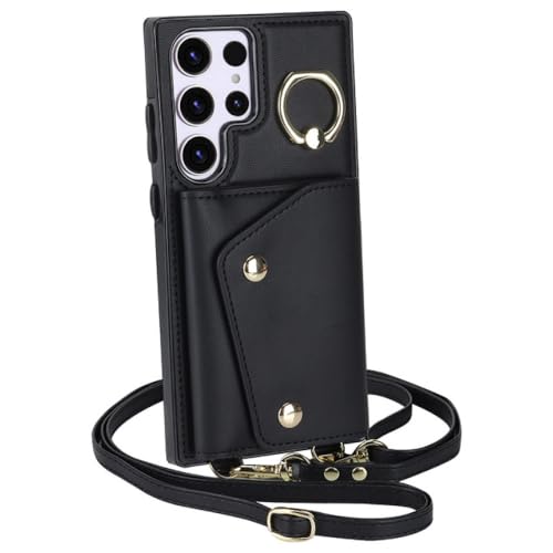 Étui portefeuille en cuir Samsung S23 avec fente carte et lanière noir