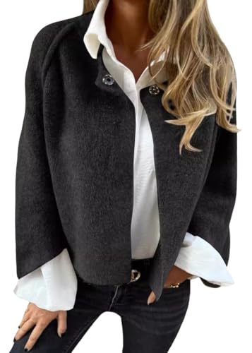 Onsoyours Leichte Cropped-Fleece-Jacke Damen Winter Warme Sherpa-Jacke Mantel Oberbekleidung Mit Taschen A Schwarz M