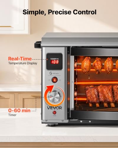 Image of VEVOR Countertop Vertical Oven Brazilian Flame 2 Auto Rotating Skewers | for Steak, Fish, Lamb Leg, 1800W Rotisserie Shawarma Machine, Electric Meat Kebab Grill, with Curved Glass Door, Drip Tray