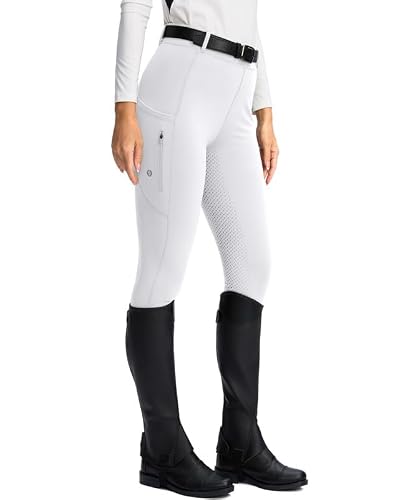 SANTINY Women's Horse Riding Pants Zipper Pockets Silicone Full-Seat Breeches Equestrian Schooling Tights for Women - Medium - White