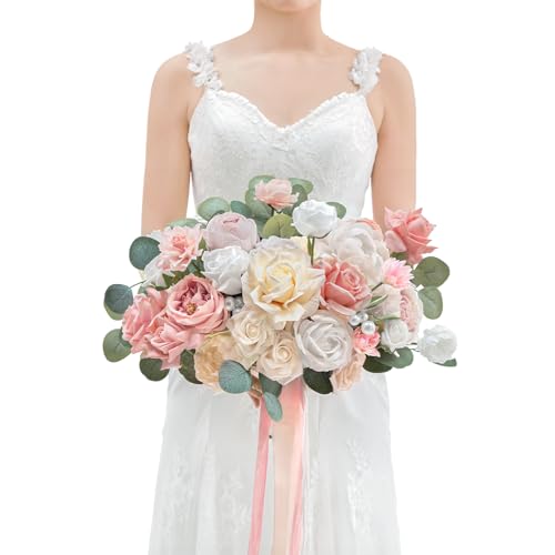 TINGE TIME 11 Inch Wedding Bouquets for Bride，Champange&Pink Artificial Flowers Bouquet， Brides & Bridesmaids Bouquet Tossing Bouquet for Wedding Anniversary Ceremony Bridal Shower Decorations