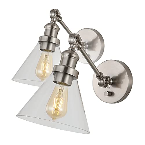 Image of JONATHAN Y 8 inch Nickel Adjustable LED Wall Sconce, Plug-in Wall Lamp with Dimmer Switch, Clear Glass Shade for Bedroom Living Room Kitchen, LED Bulb Included (JYL7575B-SET2)