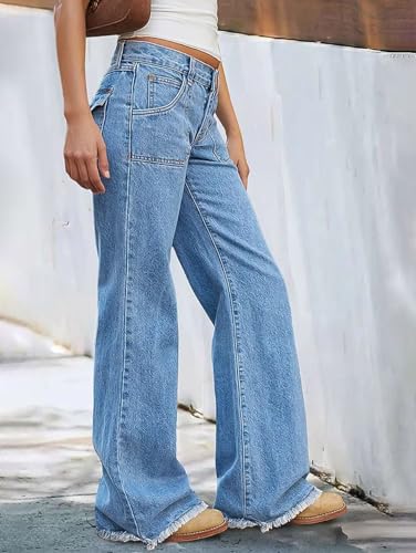 Flamingals Wide Leg Low Rise Casual Flap Pocket Raw Hem Denim Jeans with Pockets3