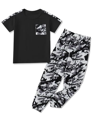 Image of mksodopy Boys Clothes Outfits Set, Camo Cargo Pants and Short Sleeve Pocket Tee 2PC Summer Tracksuit for Kids 5-16Y