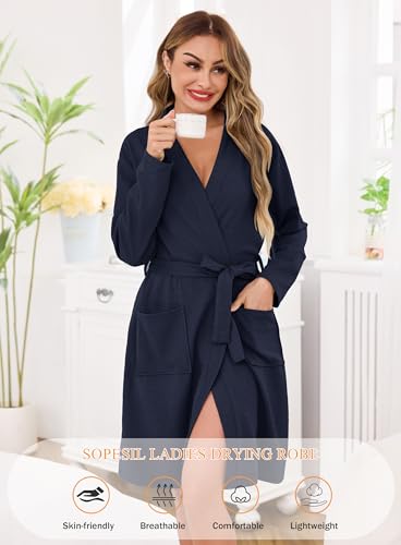 Sopesil Bademäntel für Damen Waffelstrick Morgenmantel Knielang Bademantel Kimono V-Ausschnitt Robe für Spa und Hotel Marineblau M