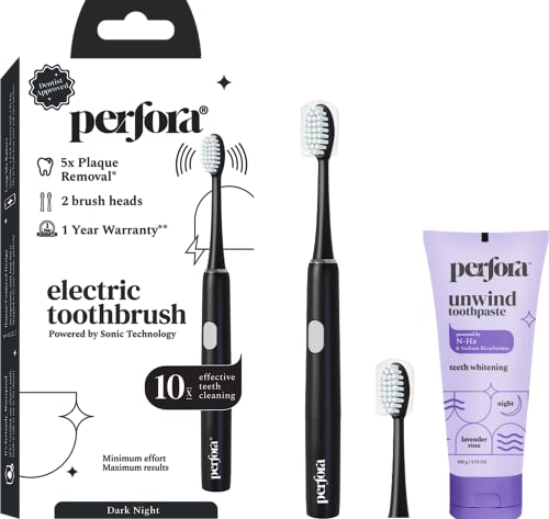 Image of Perfora Electric Toothbrush, 2 Modes, Aaa Powered, 2 Brush Heads, 90 Days Battery|1 Year Warranty|Electric Toothbrush For Men, Women & Kids, 002-Dark (Brush-Toothpaste Combo), 2 count