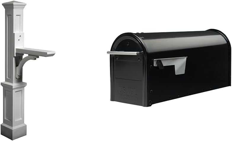 Mayne 580B00000 Newport Plus Mail Post, 25x8, White & Architectural Mailboxes Franklin Post Mount Mailbox, Black with Silver Accents, FM110BEC