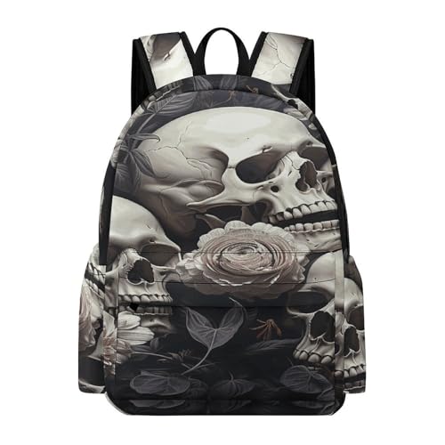 Black And White Flowers And Skull Printed Backpack Water-Resistant Pack Stylish Bag Lightweight Travel Backpack